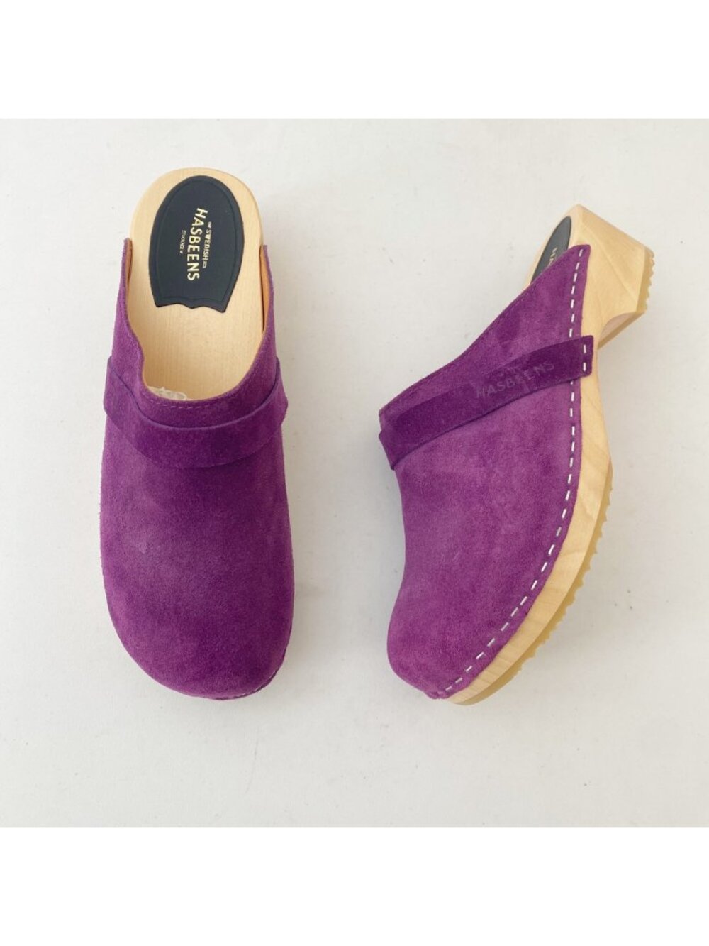 Swedish Hasbeens Husband Clogs Shoes Purple Suede
